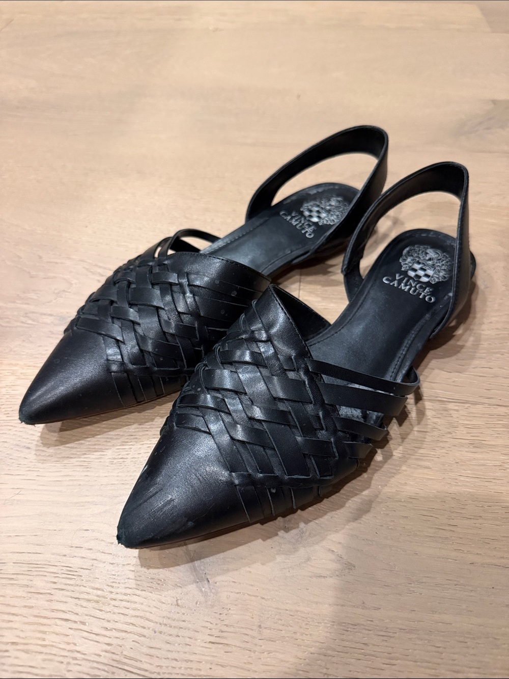 Vince Camuto Black Woven Leather Pointed Toe Slingback Flats- Size 9M